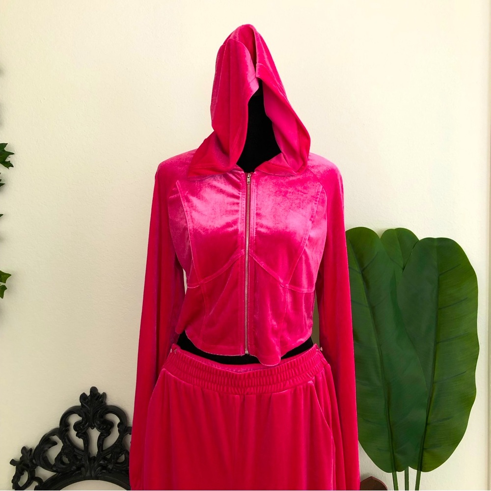 SHEIN EZwear Zip Up Velvet Cropped Hooded Jacket & Pants